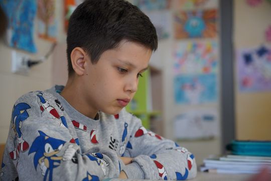 Primary school pupil concentrating in class