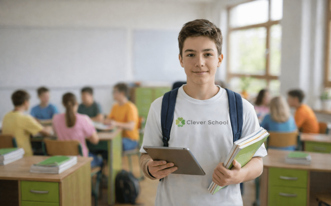 Ученик в футболке Clever School с планшетом и учебниками в классе
