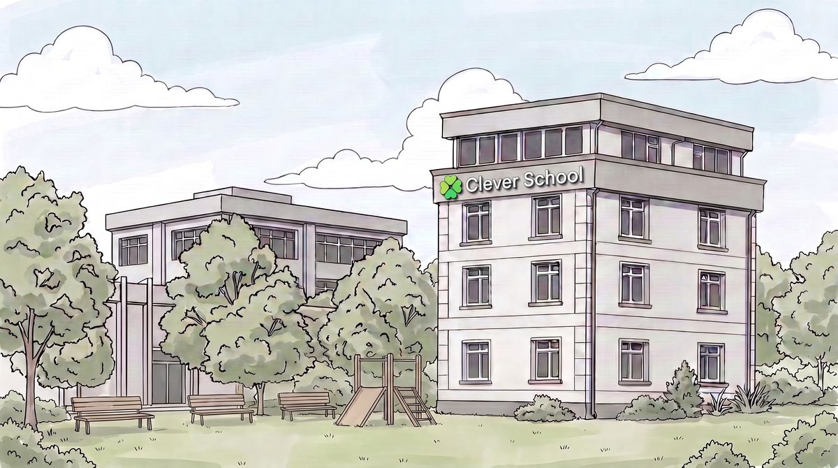 Illustration of the Clever School building in Novi Sad